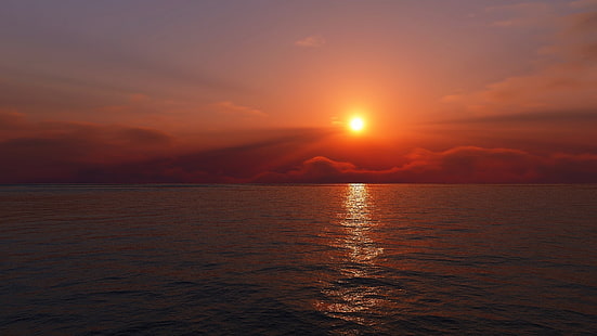 Gewässer, Meer, Sonnenuntergang, Himmel, Sonnenlicht, Natur, Wolken, Horizont, HD-Hintergrundbild HD wallpaper