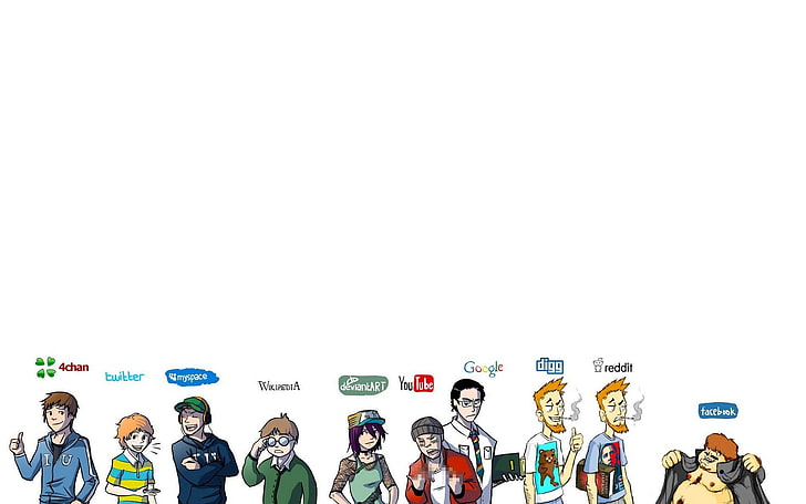assorted character illustraiton, minimalism, Twitter, MySpace, Wikipedia, DeviantArt, YouTube, Google, reddit, Facebook, 4chan, lineups, HD wallpaper
