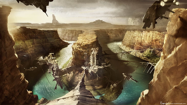 gioco sfondo digitale, deserto, fiume, Evan Lee, opera d'arte, paesaggio, fantascienza, Sfondo HD