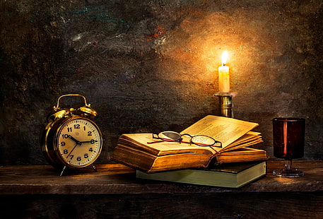 budzik z czarnym dzwonkiem, zegarek, świeca, stare książki, czas oddać, Tapety HD HD wallpaper
