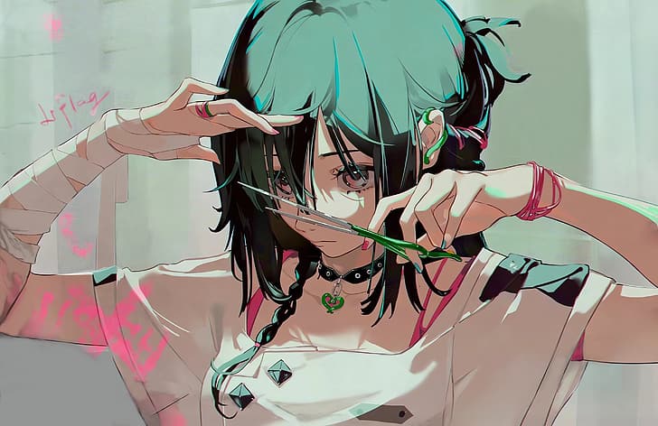 original characters, green hair, choker, scissors, singlets, anime, anime girls, bandage, bandaged arm, HD wallpaper