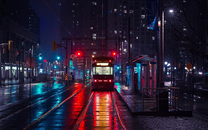 улица, Канада, трамвай, Торонто, ночной город, Филипп Мроз, HD обои