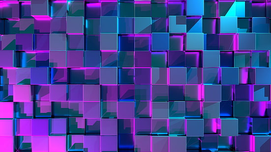 3d, brillo, brillo, cubos, cubo, arte digital, azul, morado, Fondo de pantalla HD HD wallpaper