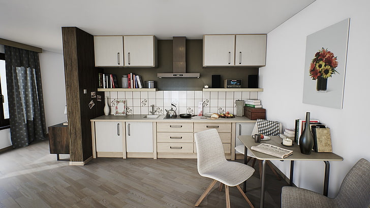 white wooden kitchen cabinet set, room, HD wallpaper