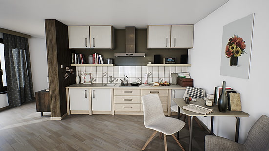 مجموعة خزانة مطبخ خشبية بيضاء ، غرفة، خلفية HD HD wallpaper