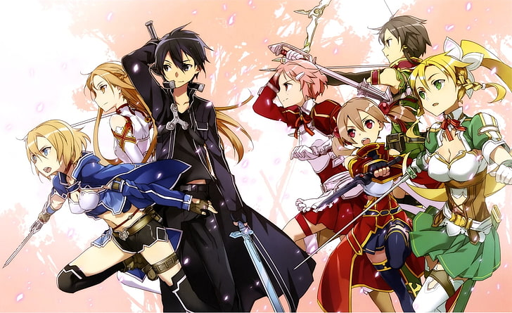 Sword Art Online, Asuna Yuuki, Kirito (Sword Art Online), Leafa (Sword Art Online), Lisbeth (Sword Art Online), Silica (Sword Art Online), HD tapet