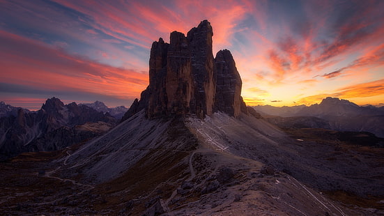 Góry, Tre cime di Lavaredo, Kanion, Dolomity, Ziemia, Włochy, Skała, Zachód słońca, Tapety HD HD wallpaper