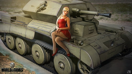 niña, figura, vestido, arte, rubia, tanque, en rojo, británico, World of Tanks, fácil, Nikita Bolyakov, Cruiser III, Fondo de pantalla HD HD wallpaper