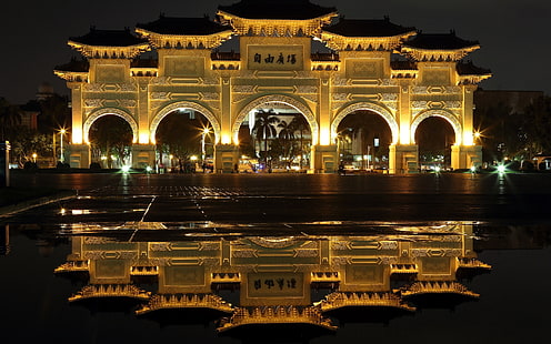 Тайвань, Тайбэй, Мемориальный зал Чан Кайши, архитектура, огни, Город, HD обои HD wallpaper