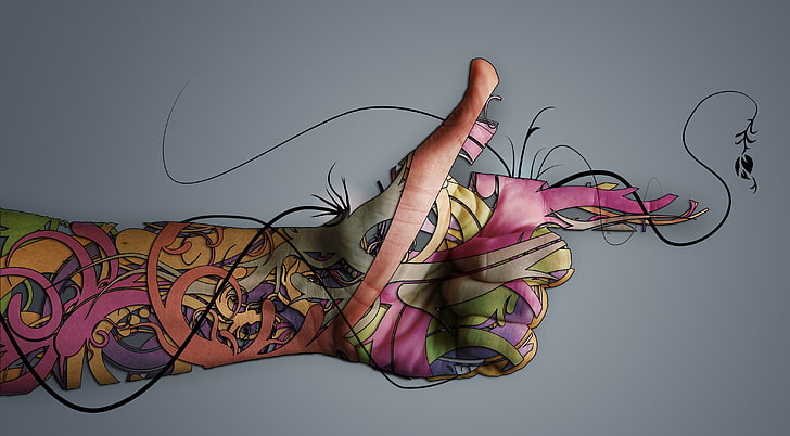 man arm artwork, hands, fingers, digital art, colorful, tattoo, simple background, HD wallpaper