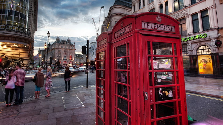 two red telephone booths, telephone, city, London, urban, HD wallpaper