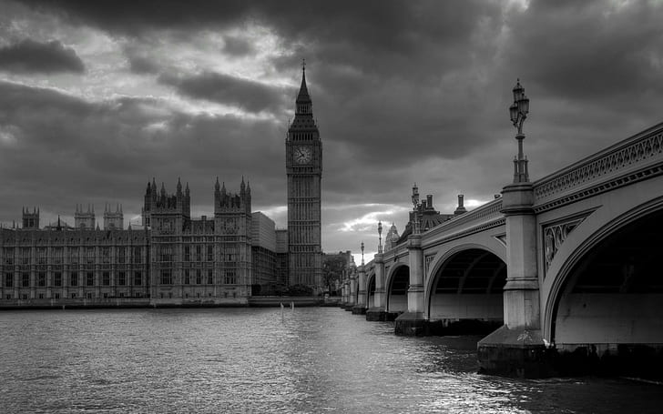 Palace Of Westminster, grayscale photo concrete bridge big ben tower, rivers, palace of westminster, bridges, black and white, beautiful, united kingdom, thames, architec, HD wallpaper