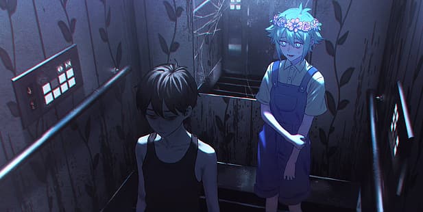 Anime, Anime-Mädchen, Anime-Jungs, kurzes Haar, blaue Augen, Blume im Haar, Aufzug, Spiegel, dunkles Haar, zerbrochenes Glas, Omori, HD-Hintergrundbild HD wallpaper