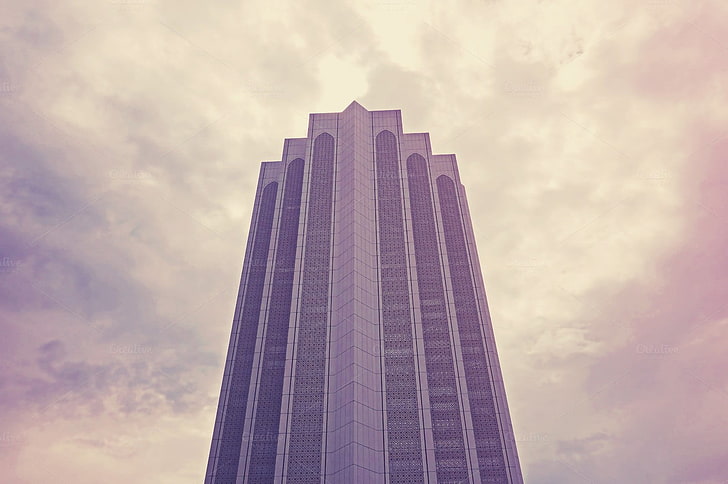 grey concrete building, skyscraper, Islamic architecture, purple, pink, building, clouds, HD wallpaper