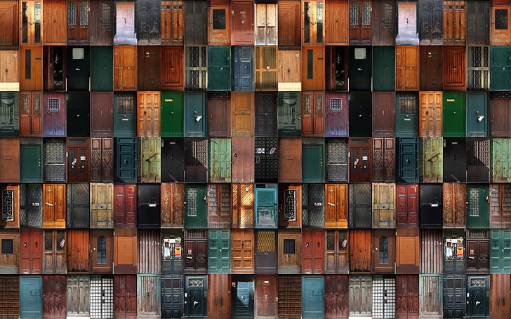 collage de lote de puerta de colores variados, puerta, superficie de madera, collage, Fondo de pantalla HD