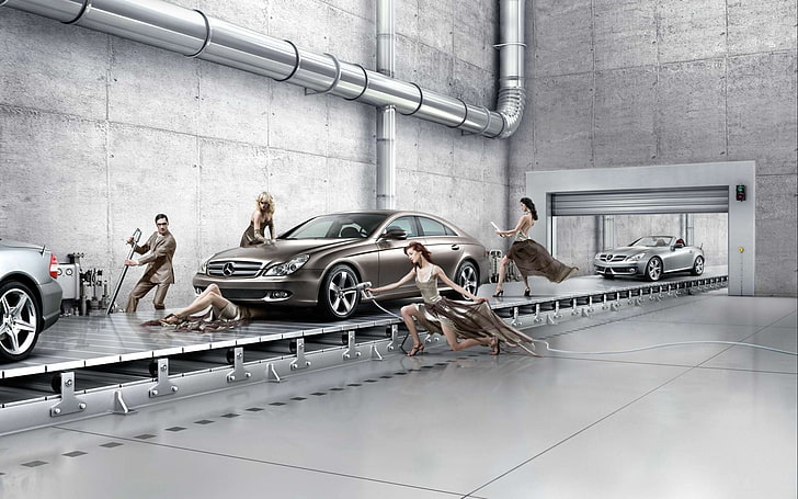 brown Mercedes-Benz sedan, girls, repair, cars, Mercedes, car service, HD wallpaper