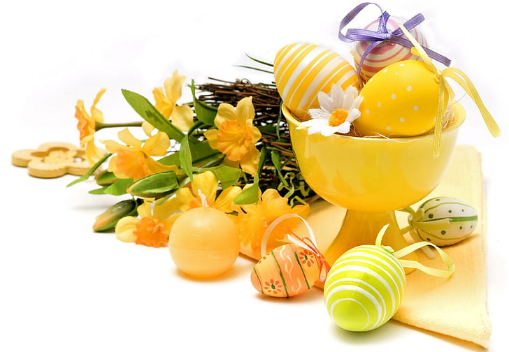 Wielkanoc w kolorze żółtym, żółtym, wielkanocnym, świątecznym, kwiatowym, dekoracyjnym, wschodzącym, 3d i abstrakcyjnym, Tapety HD