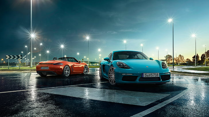 two orange and teal sports car parked on concrete ground, Porsche, 718 Cayman S, 718 Boxter, 2017 Cars, HD wallpaper