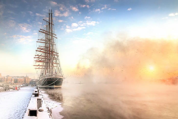 Petersburg, Rosja, statek, miejski, mgła, porty, żaglowiec, Tapety HD