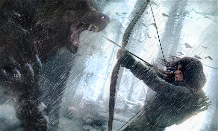 black composite bow illustration, Rise of the Tomb Raider, bow and arrow, snow, HD wallpaper