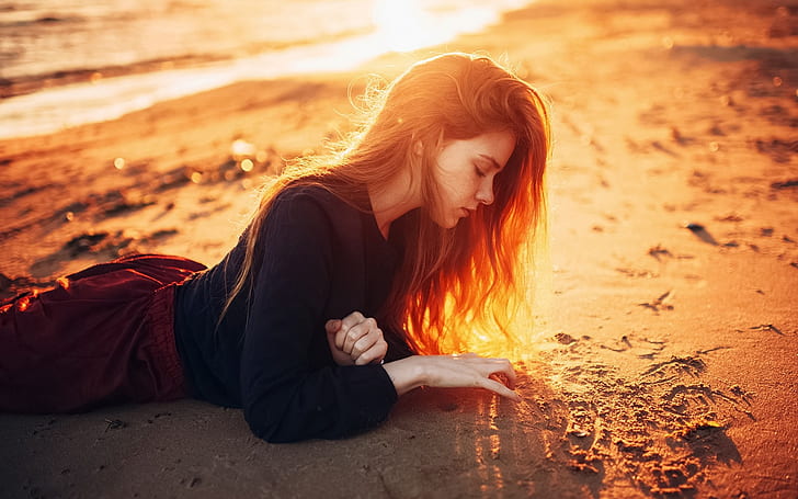 Long hair girl lying on beach, sunshine, dusk, Long, Hair, Girl, Lying, Beach, Sunshine, Dusk, HD wallpaper