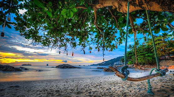 砂、海、ビーチ、木、ブランコ、海岸、ボトル、タイ、プーケット、アンダマン海、アンダマン海、パトン、 HDデスクトップの壁紙 HD wallpaper