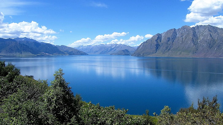 new zealand, sky, landscape, blue sky, reflection, reflected, water, lake, mountains, HD wallpaper