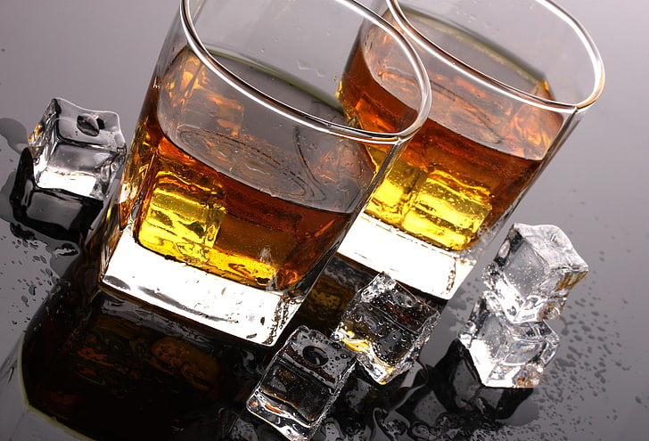 two clear drinkin glass cups, ice, drops, table, cubes, glasses, alcohol, drink, whiskey, tumblers, HD wallpaper
