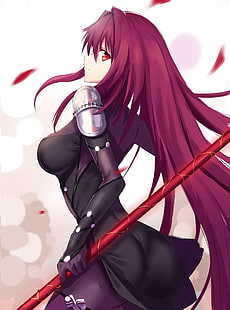 weapon, armor, bodysuit, FateGrand Order, Scathach ( FateGrand Order ), redhead, red eyes, white  background, HD wallpaper HD wallpaper