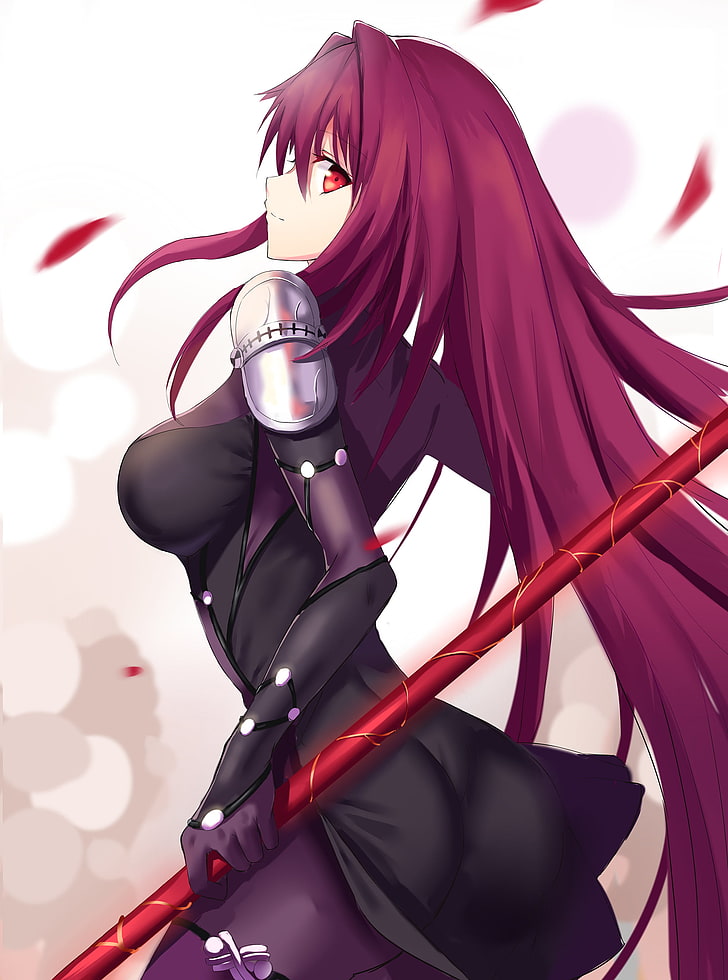 white  background, armor, bodysuit, Fate/Grand Order, Scathach ( Fate/Grand Order ), weapon, redhead, red eyes, HD wallpaper