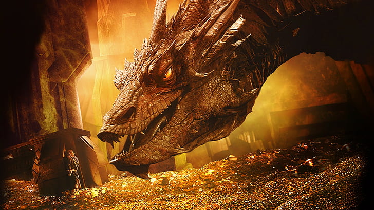 el hobbit la desolación de smaug smaug bilbo baggins dragón tesoro oro, Fondo de pantalla HD