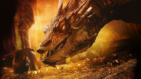 o hobbit a desolação de smaug smaug bilbo baggins dragão tesouro ouro, HD papel de parede HD wallpaper