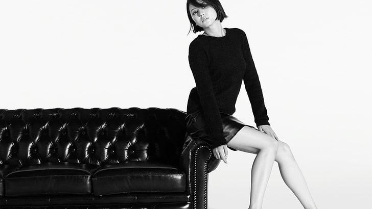 Masami Nagasawa, sofa, monokrom, rambut pendek, Asia, wanita, pakaian hitam, Wallpaper HD