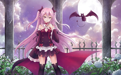 Vampire, Reißzähne, rosa Haare, Anime-Mädchen, rosa Augen, Owari No Seraph, Krul Tepes, HD-Hintergrundbild HD wallpaper