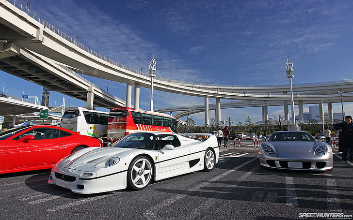 Porsche Carrera GT Ferrari F50 Overpass Parking Lot HD, auto deportivo blanco, autos, ferrari, porsche, gt, carrera, estacionamiento, paso elevado, f50, lot, Fondo de pantalla HD