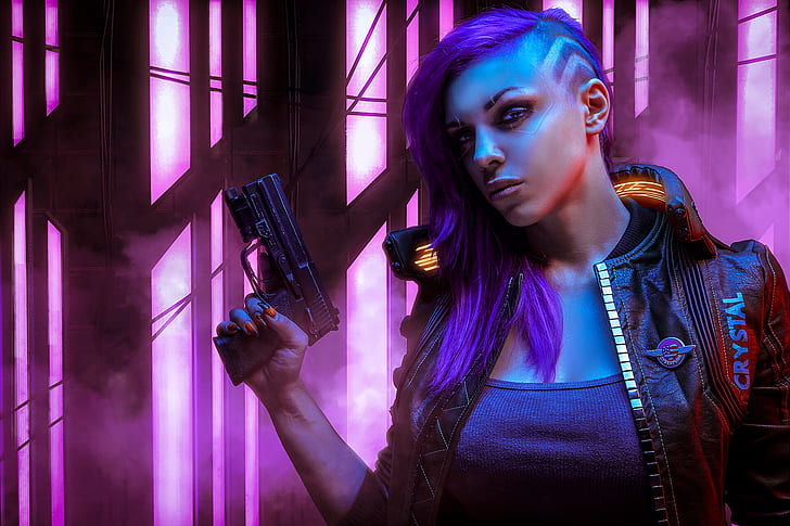 Gra wideo, Cyberpunk 2077, pistolet, fioletowe włosy, Tapety HD