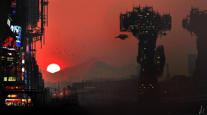 budynki z czarnego metalu, cyberpunk, futurystyczny, science fiction, Tapety HD