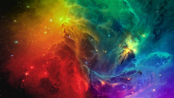 ilustrasi galaksi beraneka warna, galaksi, ruang, bintang, alam semesta, luar angkasa, nebula, merah, kuning, hijau, cyan, biru, ungu, merah muda, oranye, Wallpaper HD