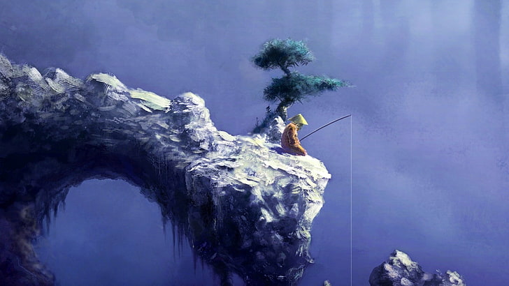 человек, ловящий рыбу на скале, произведения искусства, рыбалка, япония, фэнтези, HD обои