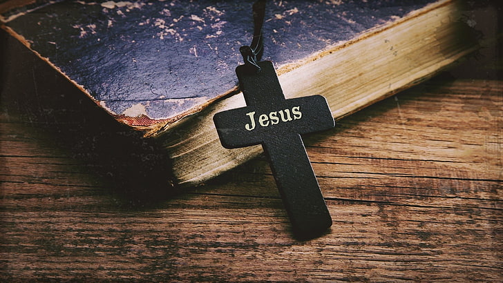black cross with Jesus text pendant, Holy Bible, cross, Jesus Christ, Christianity, wood, table, HD wallpaper