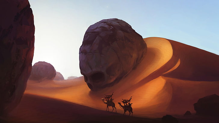 пустиня, камили, череп, дюна, фентъзи изкуство, произведения на изкуството, дигитално изкуство, HD тапет