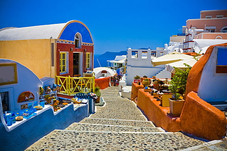 明るく、カラフルな、ギリシャ、家、サントリーニ島、 HDデスクトップの壁紙 HD wallpaper