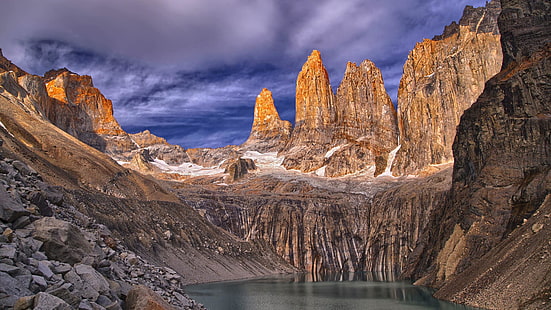 kordilleren paine, nationalpark torres del paine, nationalpark, see, himmel, wolken, chile, südamerika, berge, HD-Hintergrundbild HD wallpaper