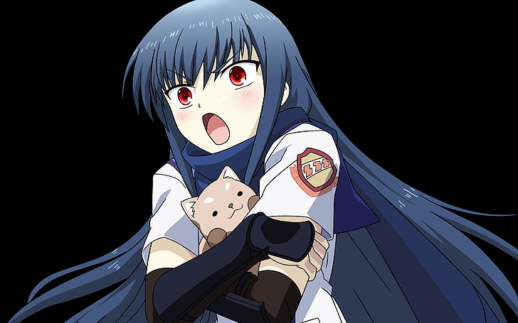 blue haired girl anime character, angel beats, ninja shiina, girl, screaming, toy, cat, HD wallpaper