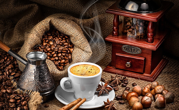 أجمل قهوة ، كوب سيراميك أبيض محشو بالقهوة ، طعام ومشروب ، قهوة ، بخار ، مشروب ، مشروب ، قهوة ساخنة ، فنجان قهوة ، نكهة، خلفية HD