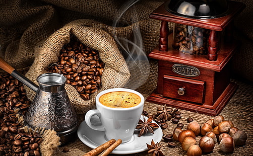 Det trevligaste kaffet, vit keramisk mugg fylld av kaffe, mat och dryck, kaffe, ånga, dryck, dryck, kola, kopp kaffe, smak, HD tapet HD wallpaper