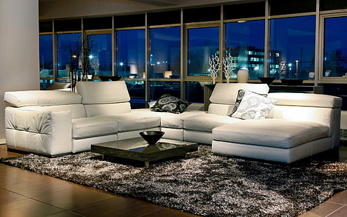 dentro de casa, design de interiores, sofá, tapetes, almofadas, janela, HD papel de parede HD wallpaper