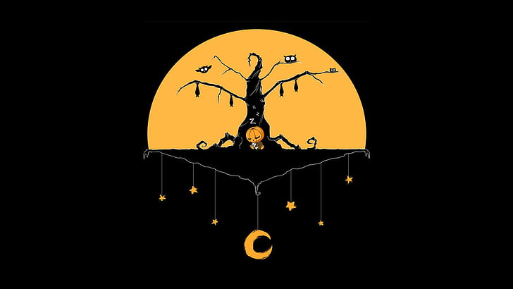 Halloween, moon, minimalism, stars, tree, baby, holiday, digital art, teddy bear, artwork, pumpkin, bats, black background, branches, situation, sleeping, owls, HD wallpaper
