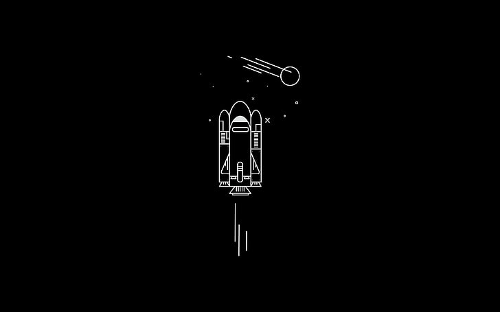 Ilustración de la nave espacial, ilustración de la nave espacial, ilustraciones, fondo negro, planeta, espacio, nave espacial, minimalismo, Fondo de pantalla HD