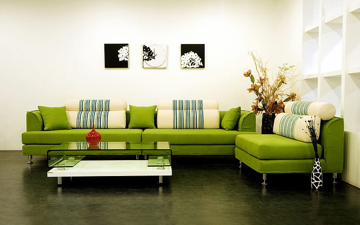 صوفا خضراء حديثة ، غرفة معيشة ، تصميم ، خلفية ، أثاث، خلفية HD